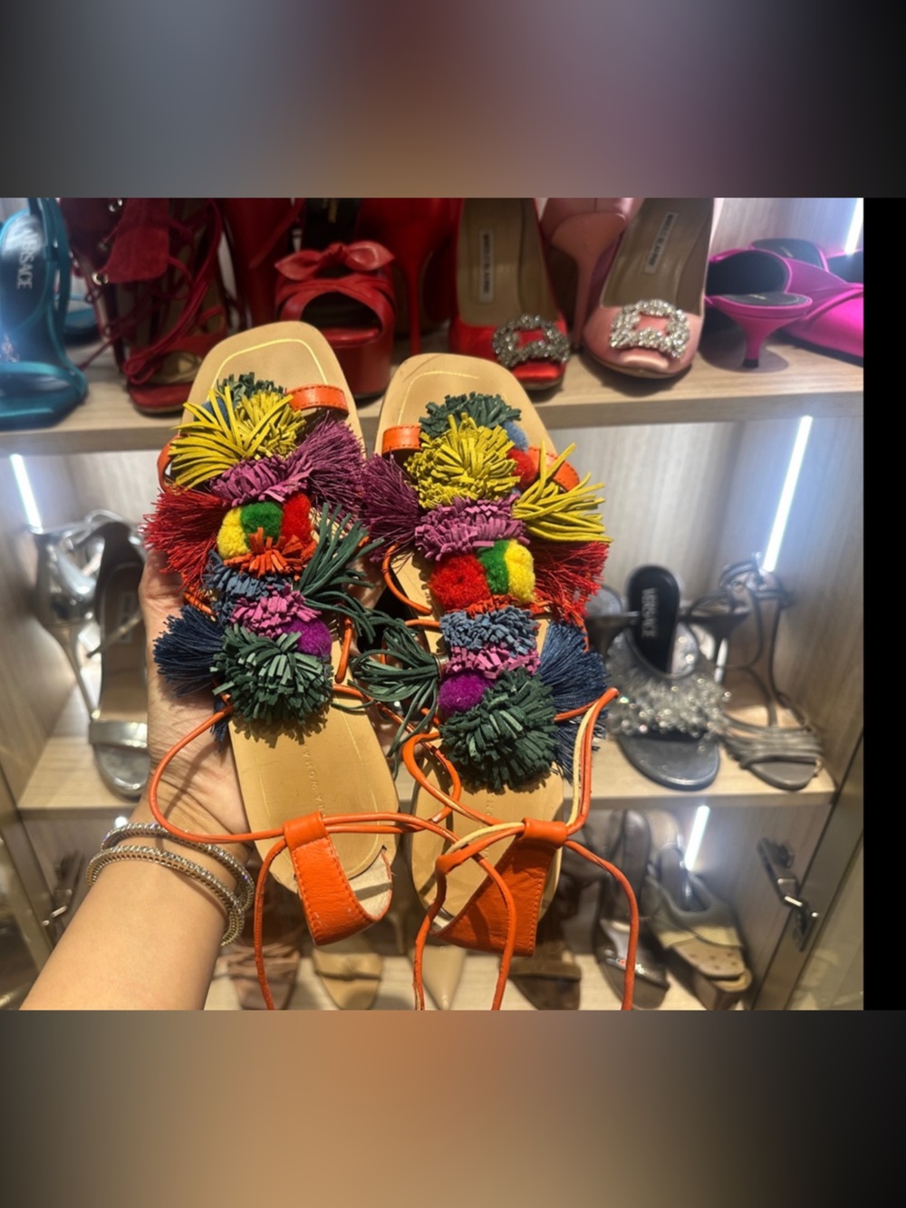 Zara Colorful Pom Pom Tassel Lace Up Open Toe Sandals (Size 38) - Picture 5 of 7